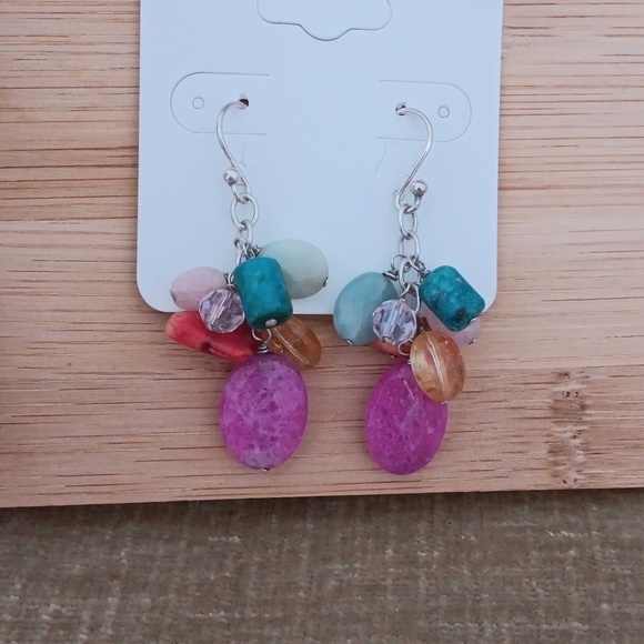 Silver Tone Multi Colored Beaded Dangle Earrings - Picture 4 of 8
